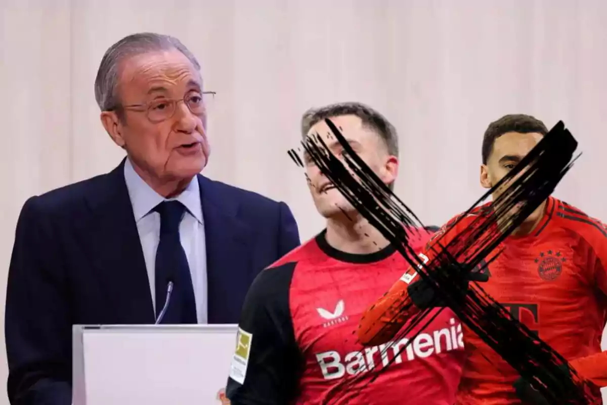 An older man with glasses and a dark suit speaks at a podium, while two players in red jerseys appear beside him, one of them crossed out with a large black X.