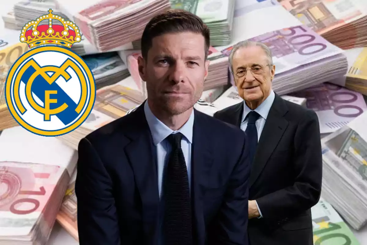 Two men in suits in front of stacks of bills and the Real Madrid crest