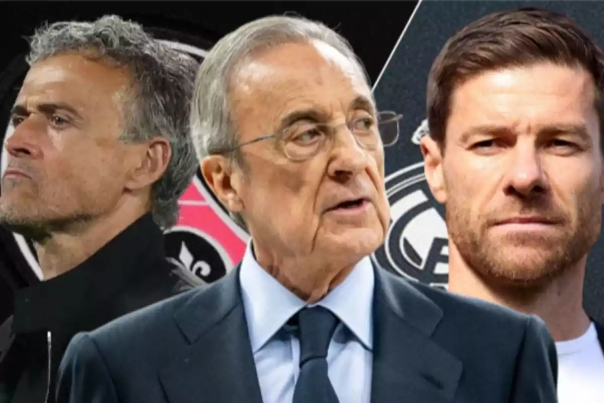Tres hombres aparecen en primer plano con expresiones serias y fondo de logotipos deportivos.