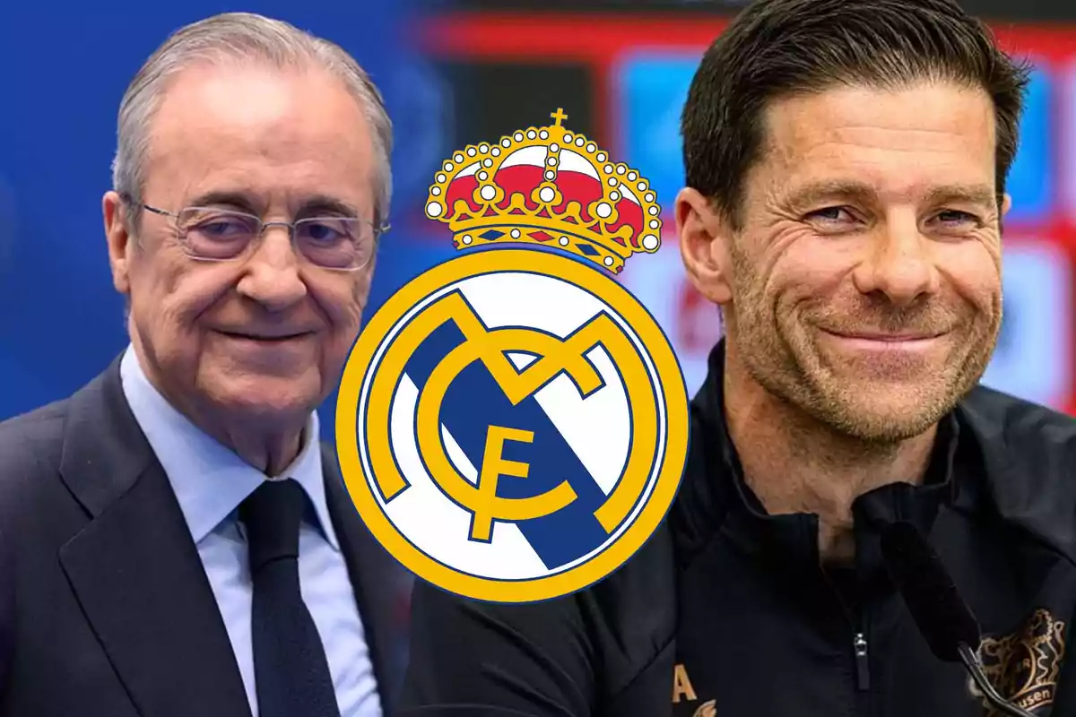Dos hombres sonrientes con el escudo del Real Madrid en el centro.