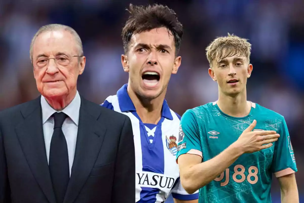 Three people pose together, one of them is wearing a formal suit, another is dressed in a blue and white soccer uniform, and the third is wearing a green uniform.