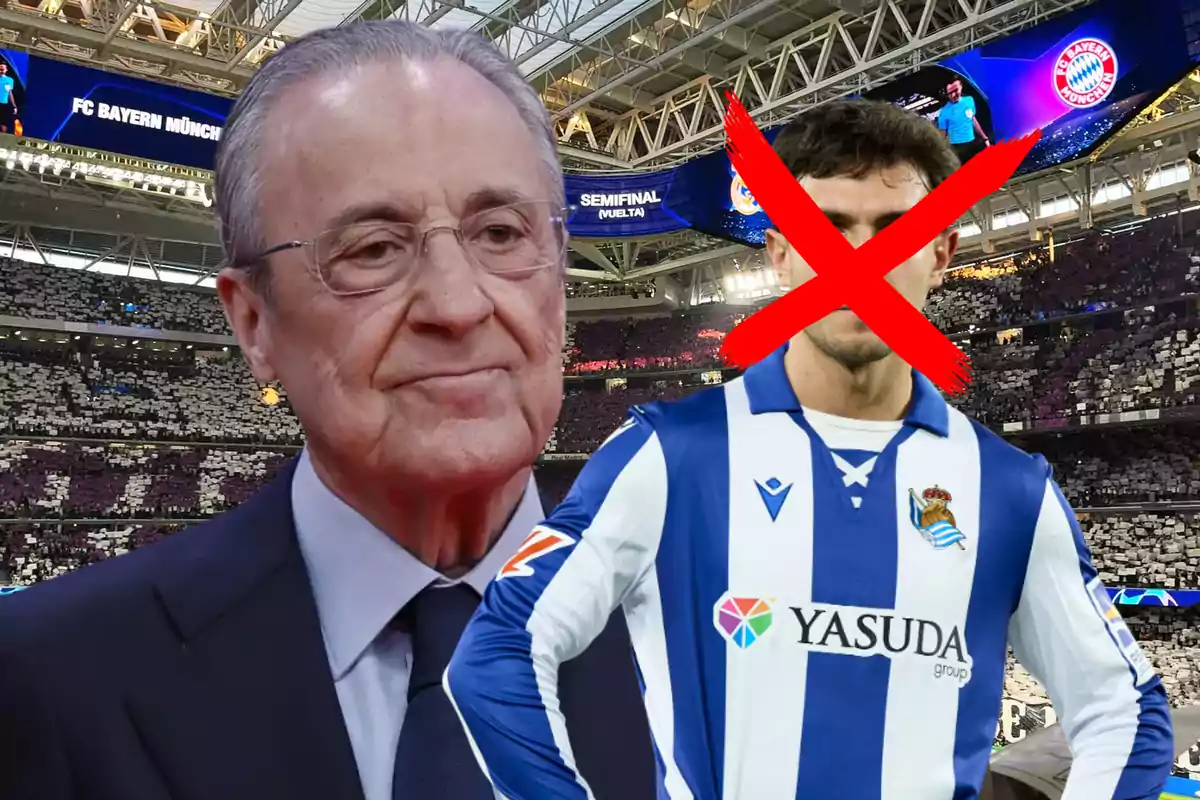 An older man with glasses and a suit is in a soccer stadium, next to a player wearing a blue and white striped jersey, whose face is crossed out with a red X.