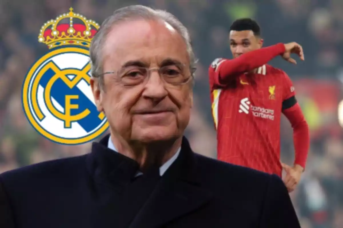 An older man wearing glasses and a dark coat stands in front of the Real Madrid logo, while a soccer player in a red uniform appears in the background.