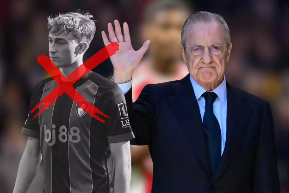 A young man in black and white with a large red X over him, next to an older man in a dark suit raising his hand.