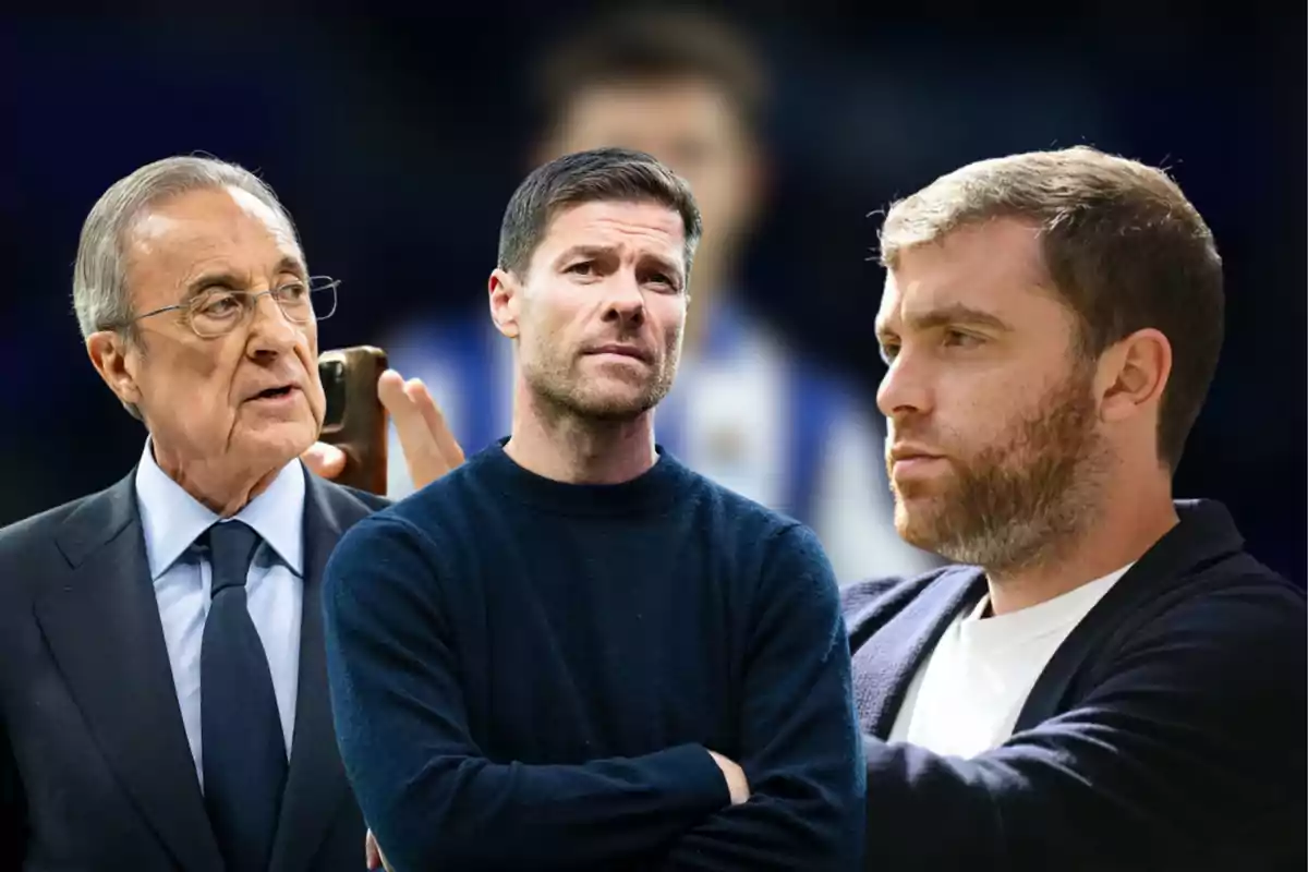 Three men standing, one in a suit and tie, another in a dark sweater, and the third in a jacket, against a blurred background.