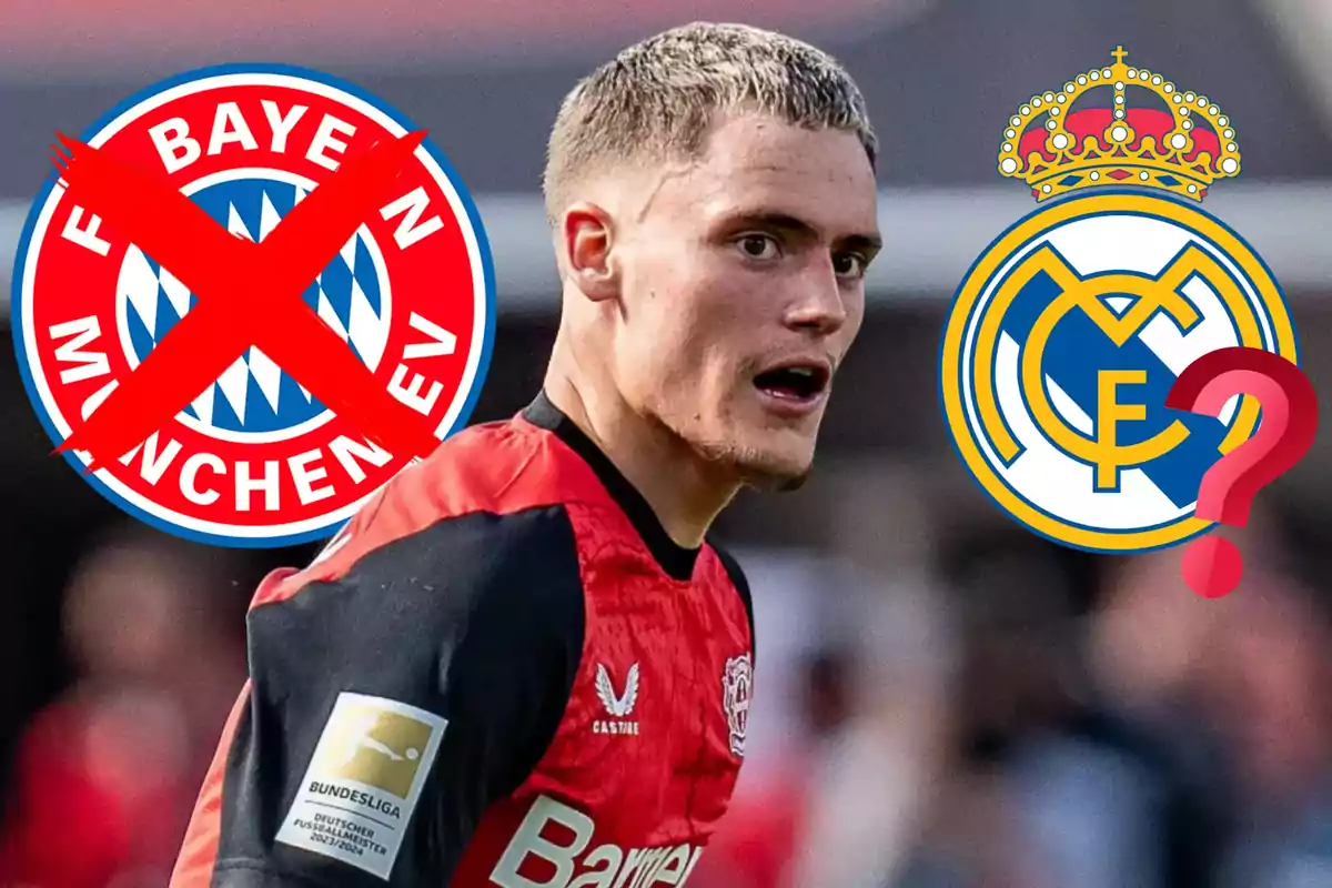 Un jugador de fútbol con el logo del Bayern tachado a la izquierda y el logo del Real Madrid con un signo de interrogación a la derecha.