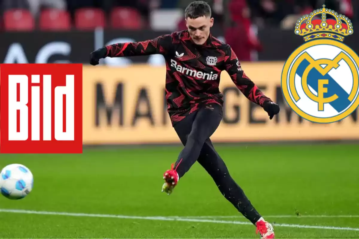 Un jugador de fútbol del Bayer Leverkusen patea un balón en el campo con los logotipos de Bild y Real Madrid superpuestos.