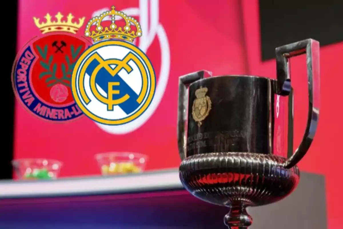 Logos of two soccer teams next to a trophy on a red background.