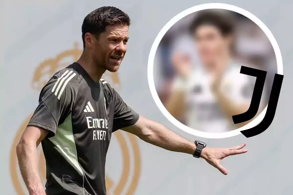Soccer coach in Real Madrid training uniform making a hand gesture and a circle with a blurred image and the Juventus logo in the top right corner