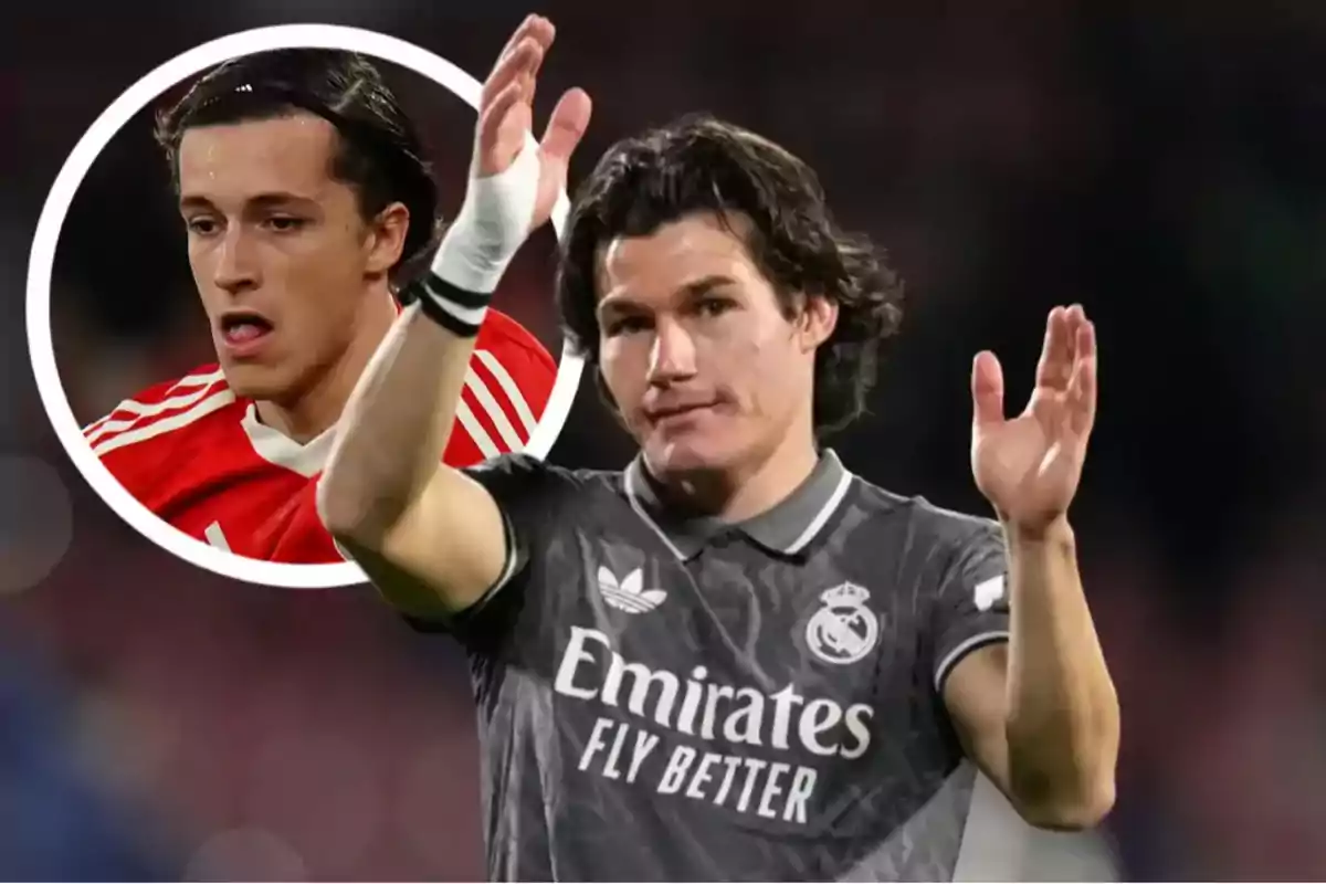 Soccer player in a gray Real Madrid uniform applauding in the foreground, with a box in the background showing another player in a red jersey.