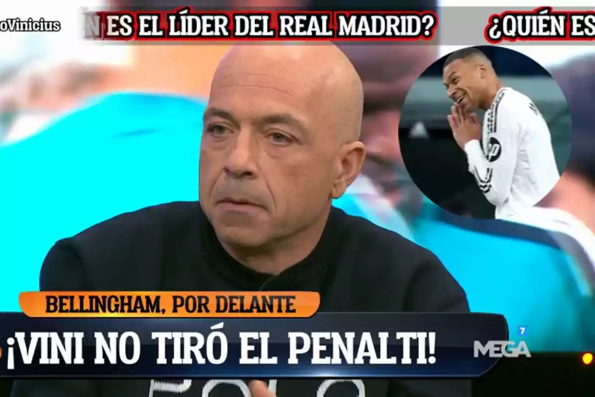 A bald man appears on a TV show with graphics discussing leadership at Real Madrid and mentioning Bellingham and Vinícius. In the top right corner, there&#39;s an image of a smiling soccer player.