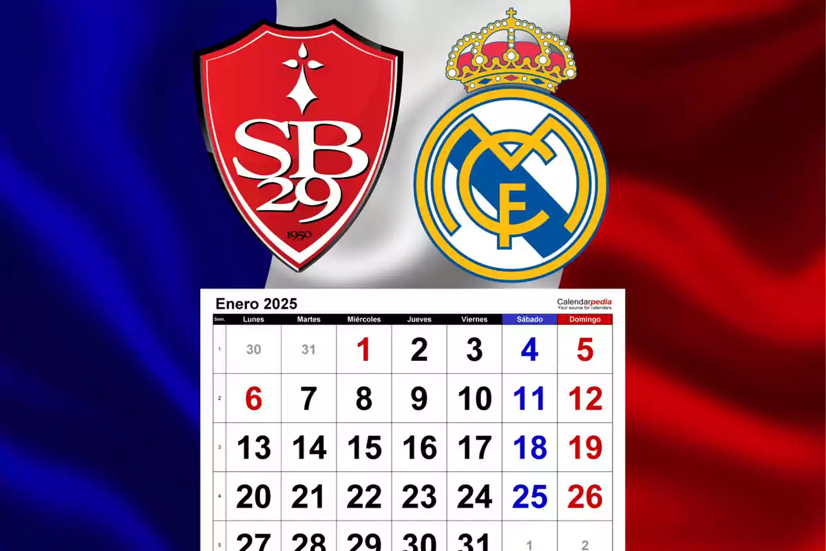 Escudos de dos equipos de fútbol sobre un fondo con los colores de la bandera francesa y un calendario de enero de 2025.