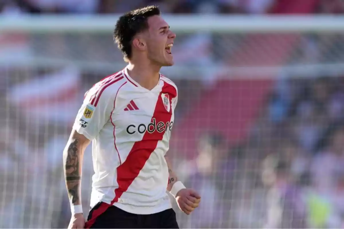 River Plate player celebrating a goal in the stadium during a match River Plate player celebrating a goal in the stadium during a match