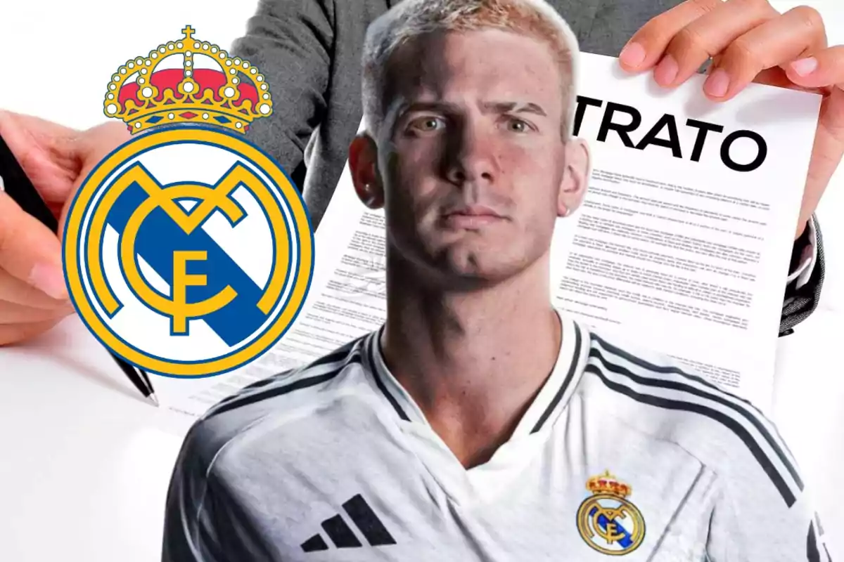 Un futbolista con la camiseta del Real Madrid aparece frente a un contrato y el escudo del club mientras una persona sostiene un bolígrafo y el documento.