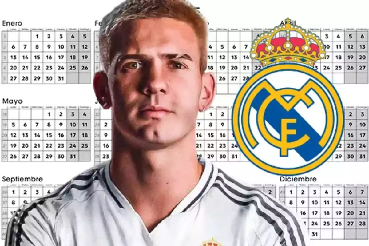Jugador con camiseta del Real Madrid frente a un calendario anual y el escudo del club