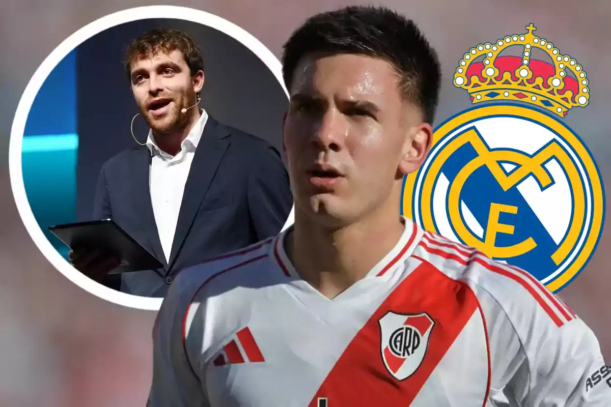 A River Plate player appears in the foreground with the Real Madrid crest in the background and the image of a sports journalist in the top left corner.