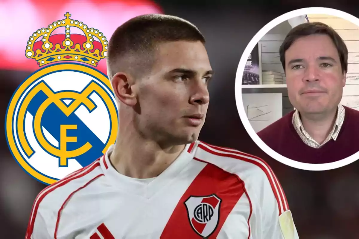 Futbolista de River Plate con el escudo del Real Madrid de fondo y un hombre en un recuadro circular