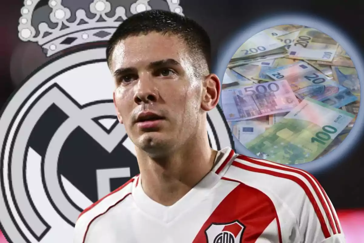 Soccer player wearing a River Plate jersey in front of the Real Madrid crest and a circle with euro bills