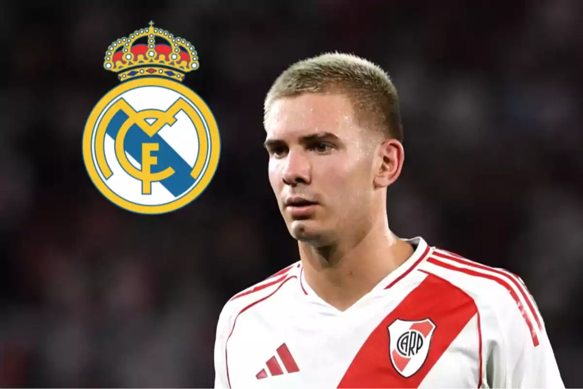 A player wearing the River Plate jersey with the Real Madrid crest in the background.