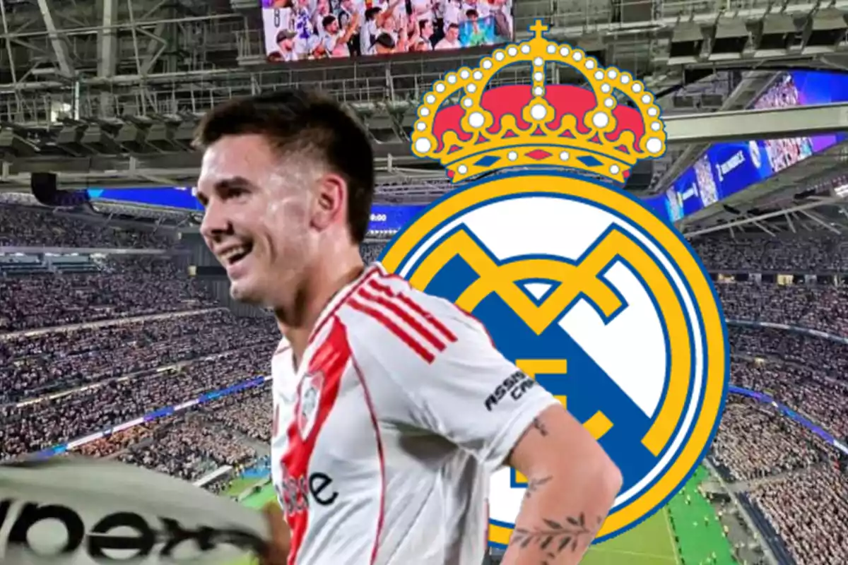 A player wearing the River Plate jersey smiles in a full stadium, with the Real Madrid crest in the background.