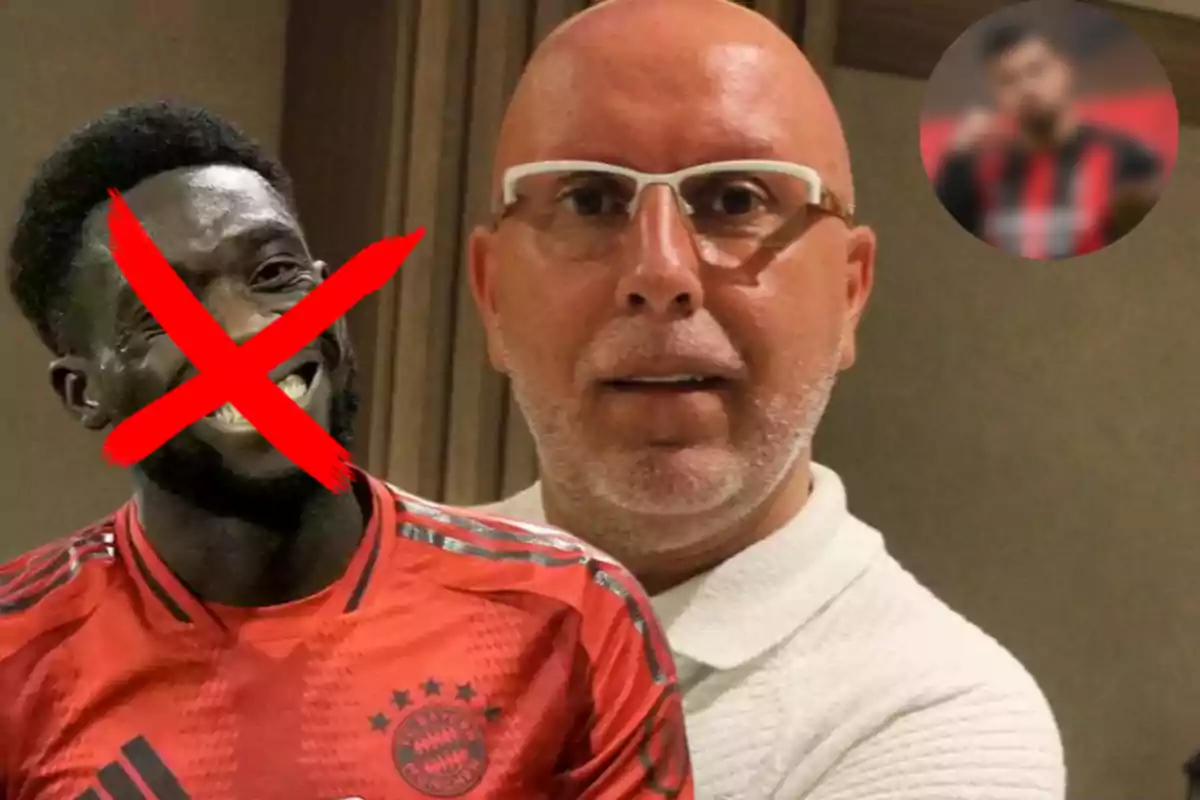 A man with glasses next to a picture of a soccer player with a large red cross over his face.