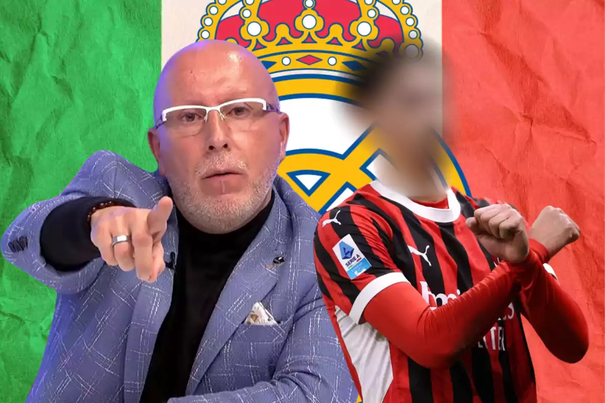 Un hombre con gafas y chaqueta azul señala hacia adelante mientras otro con camiseta de fútbol roja y negra hace un gesto con los brazos cruzados, con un fondo de banderas y un escudo deportivo.