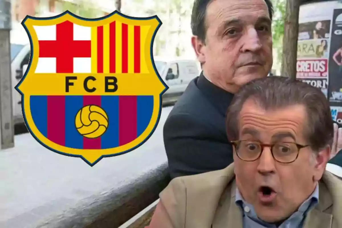 Two people with surprised expressions next to the FC Barcelona crest.