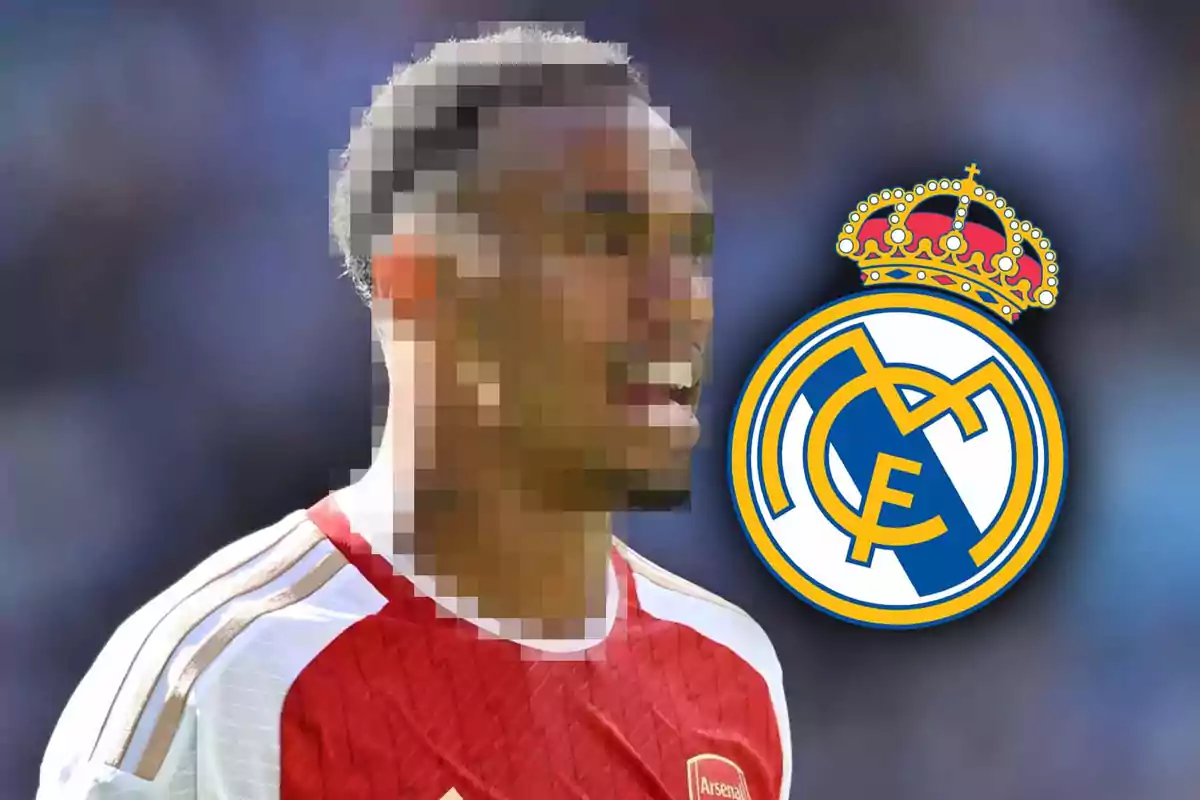 Football player wearing an Arsenal jersey next to the Real Madrid crest.