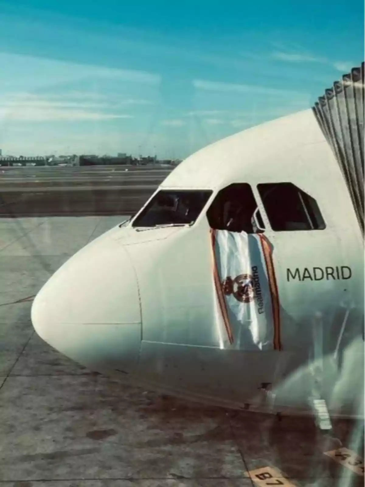 Un avión en la pista con una bandera y la palabra 