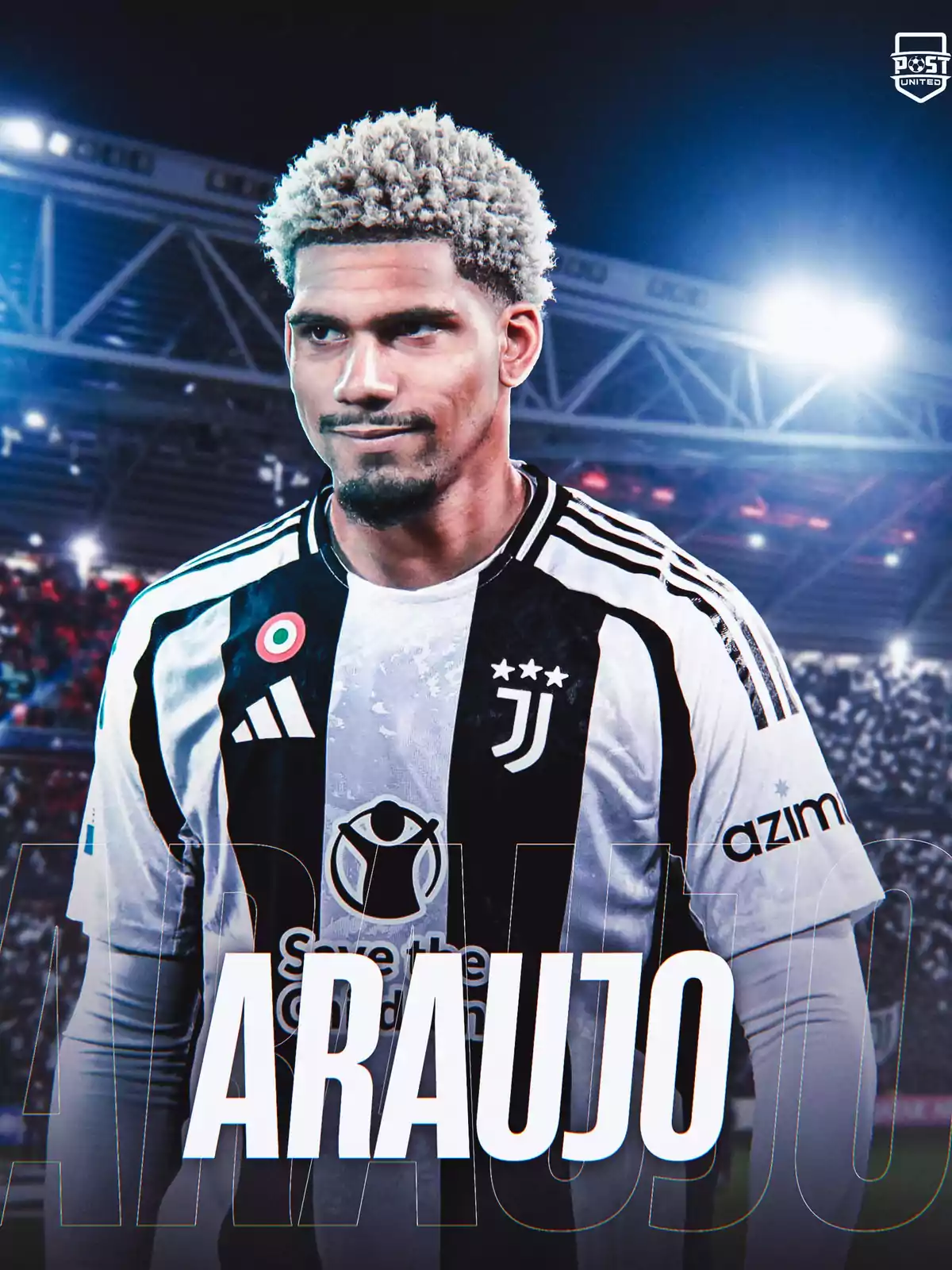 A soccer player with curly blonde hair wears a black and white striped Juventus jersey in a floodlit stadium. A soccer player with curly blonde hair wears a black and white striped Juventus jersey in a floodlit stadium.