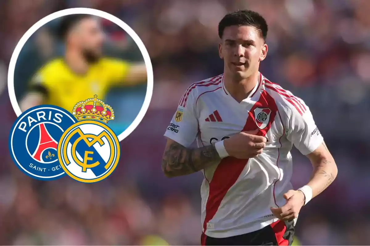 River Plate player on the field with the PSG and Real Madrid crests in the image