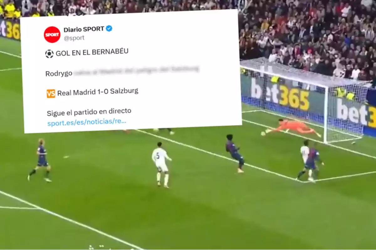 A tweet from Diario SPORT announces a goal at Bernabéu, where Rodrygo scores for Real Madrid, who are winning 1-0 against Salzburg, with a link to follow the match live.