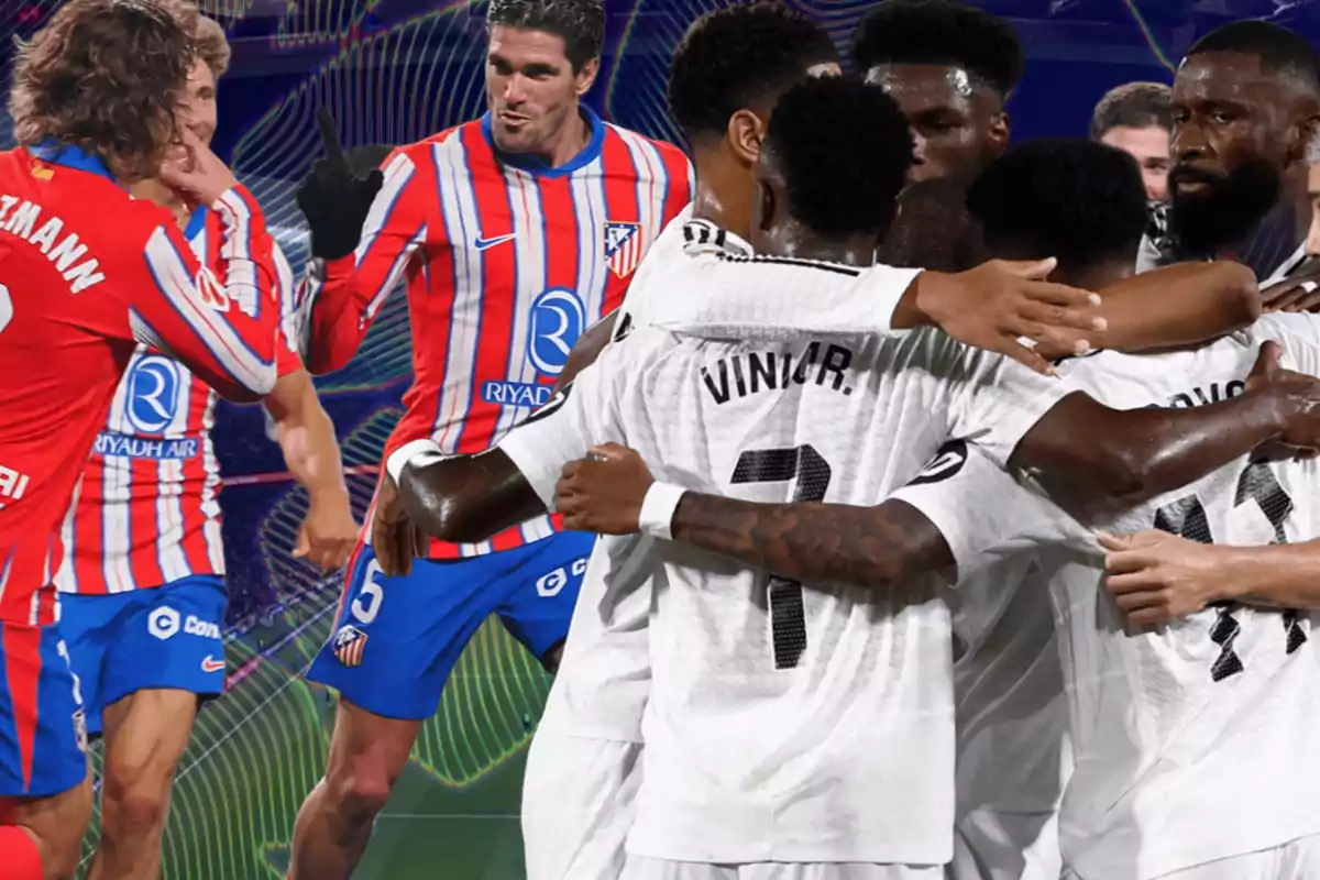 Jugadores de dos equipos de fútbol celebrando en el campo, uno con uniforme rojo y azul y el otro con uniforme blanco.