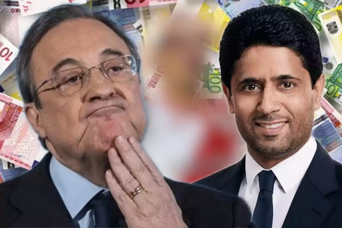 Dos hombres en traje con expresiones pensativas y sonrientes, con billetes de euro de fondo.