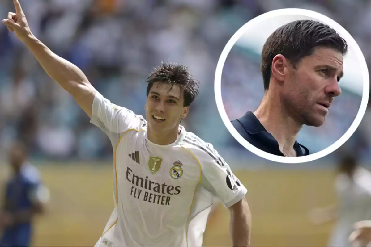 Futbolista del Real Madrid celebrando un gol con el brazo levantado y un retrato de un hombre en un círculo en la esquina superior derecha