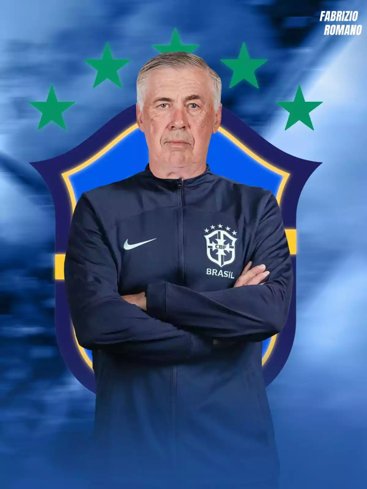A man in a dark blue sports jacket with the Brazil national team logo stands with his arms crossed in front of a blue and yellow shield with green stars on a blurred blue background. A man in a dark blue sports jacket with the Brazil national team logo stands with his arms crossed in front of a blue and yellow shield with green stars on a blurred blue background.