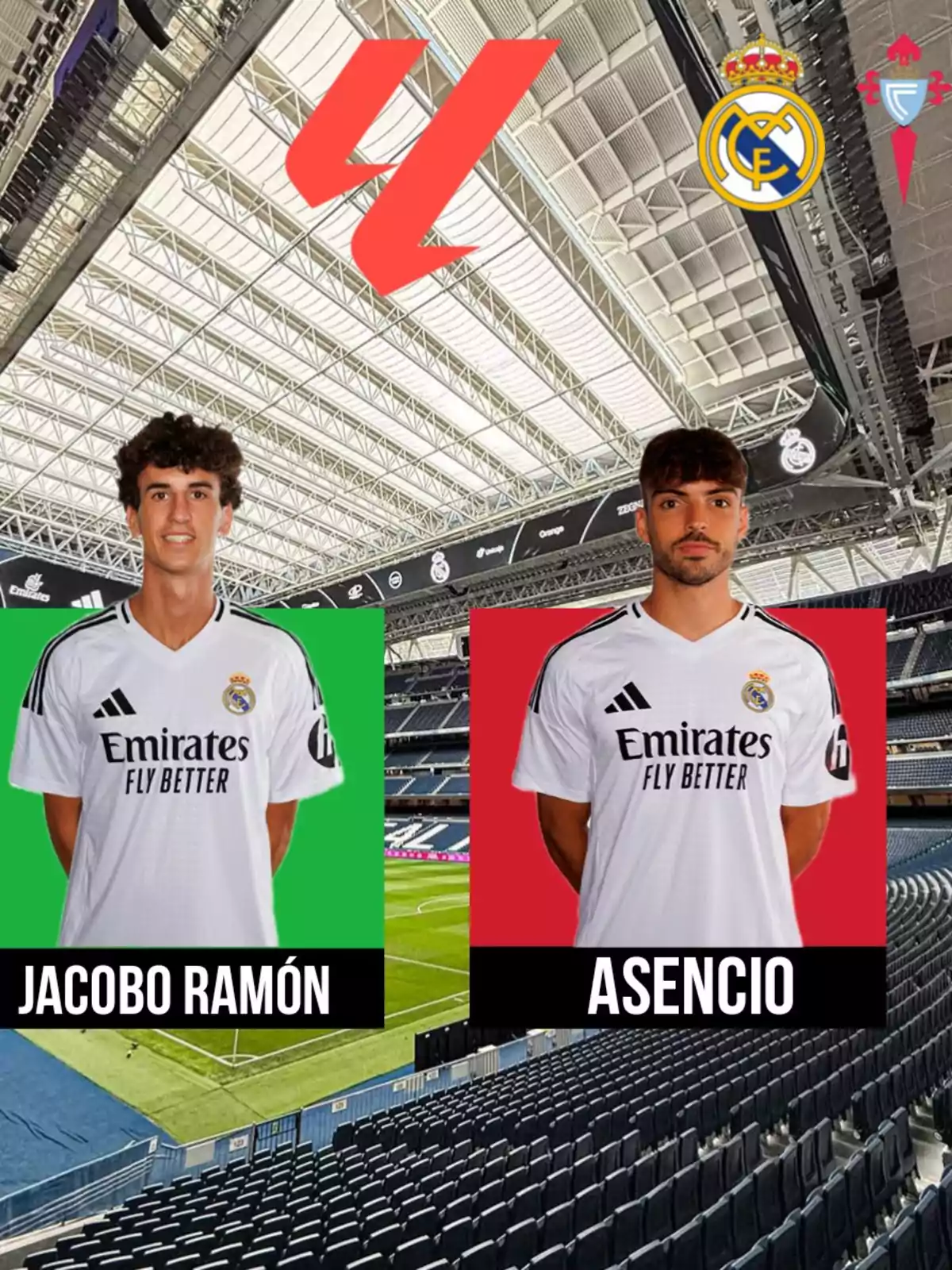 Two Real Madrid players pose in an indoor stadium, one with a green background and the other with a red background, with the crests of Real Madrid and Celta de Vigo at the top. Two Real Madrid players pose in an indoor stadium, one with a green background and the other with a red background, with the crests of Real Madrid and Celta de Vigo at the top.