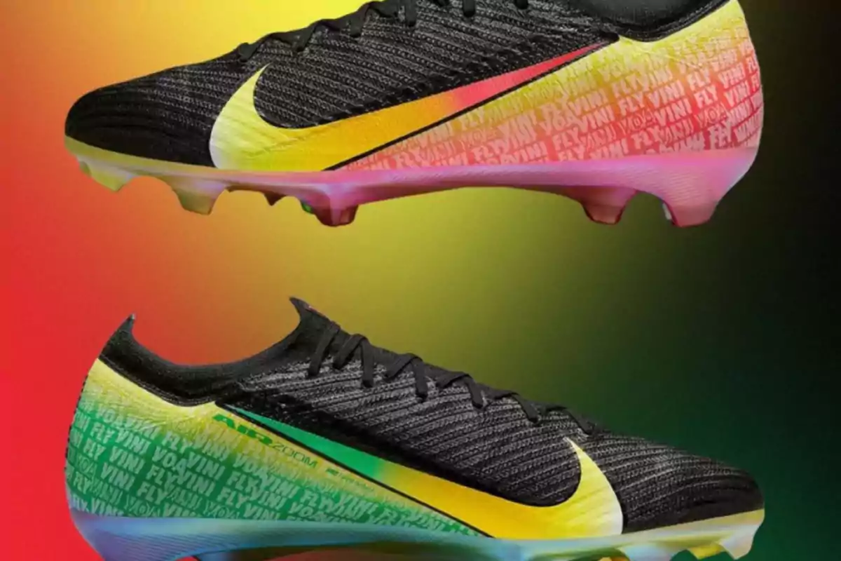 Black soccer cleats with yellow, green, and red details, and a gradient color background. Black soccer cleats with yellow, green, and red details, and a gradient color background.