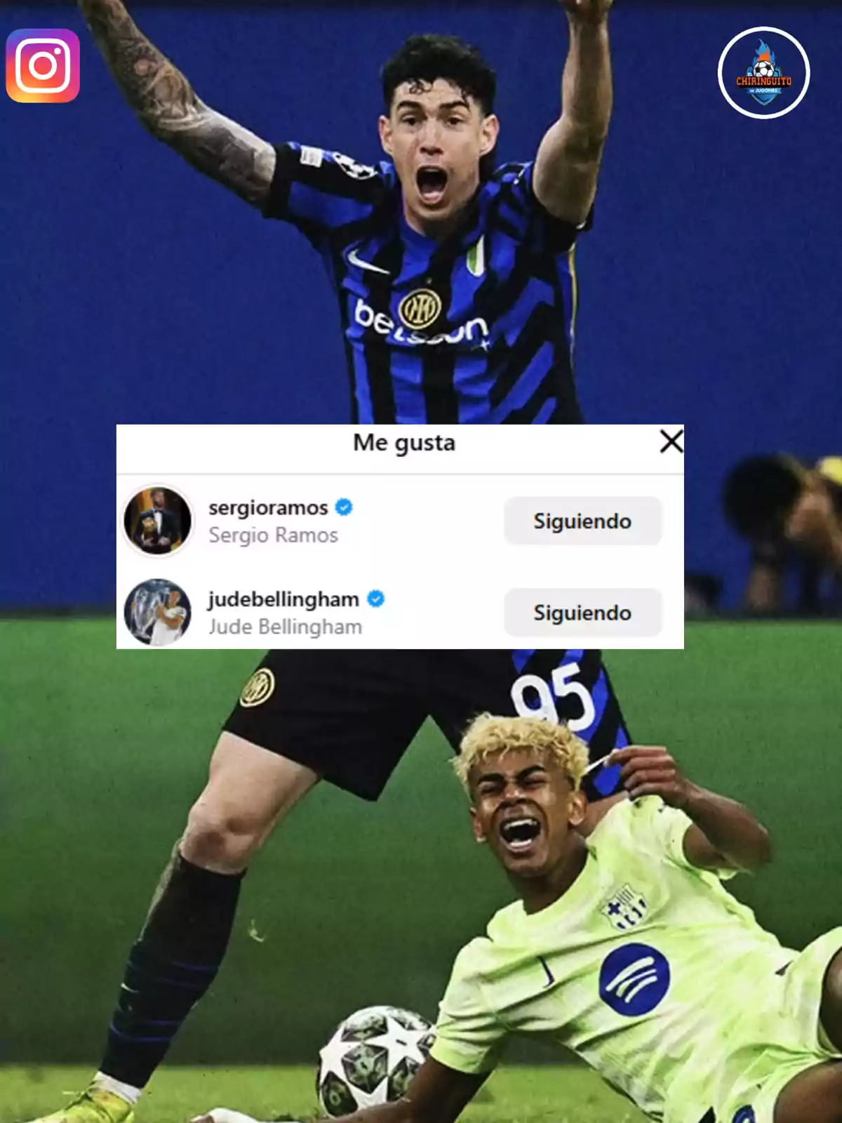 Un jugador de fútbol con uniforme azul y negro celebra mientras otro jugador con uniforme verde está en el suelo, con una captura de pantalla de Instagram mostrando que dos cuentas verificadas han dado Un jugador de fútbol con uniforme azul y negro celebra mientras otro jugador con uniforme verde está en el suelo, con una captura de pantalla de Instagram mostrando que dos cuentas verificadas han dado