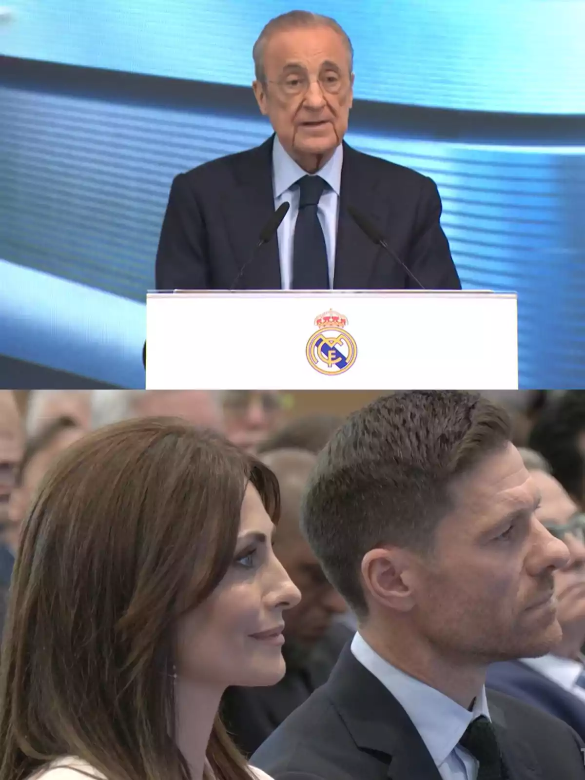 Un hombre mayor con gafas y traje oscuro habla en un podio con el escudo del Real Madrid mientras varias personas, entre ellas una mujer y un hombre de cabello corto, lo escuchan atentamente en un evento formal. Un hombre mayor con gafas y traje oscuro habla en un podio con el escudo del Real Madrid mientras varias personas, entre ellas una mujer y un hombre de cabello corto, lo escuchan atentamente en un evento formal.