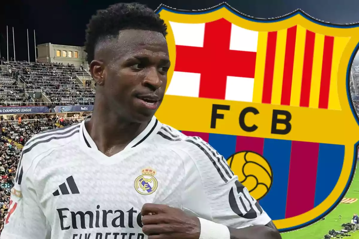 A player wearing a Real Madrid jersey in a stadium, with the FC Barcelona crest in the background.