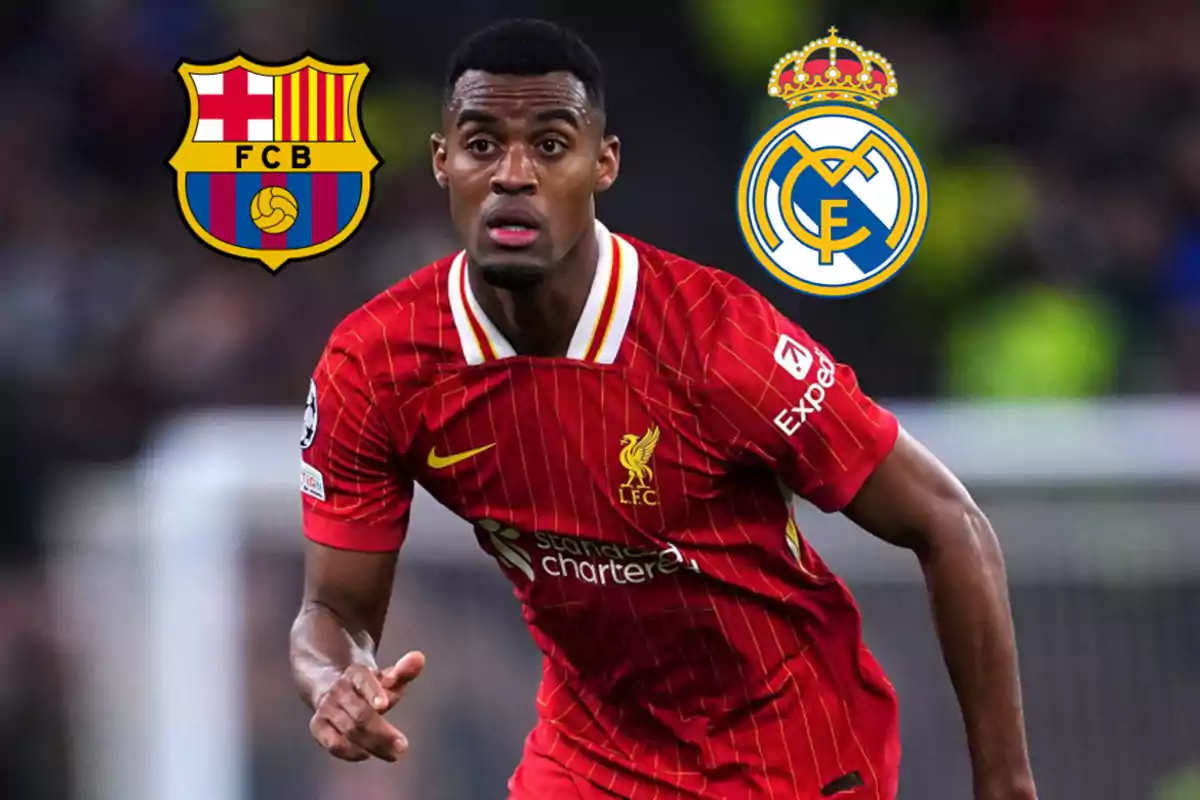 A soccer player wearing a Liverpool jersey on the field, with the FC Barcelona and Real Madrid crests in the background.