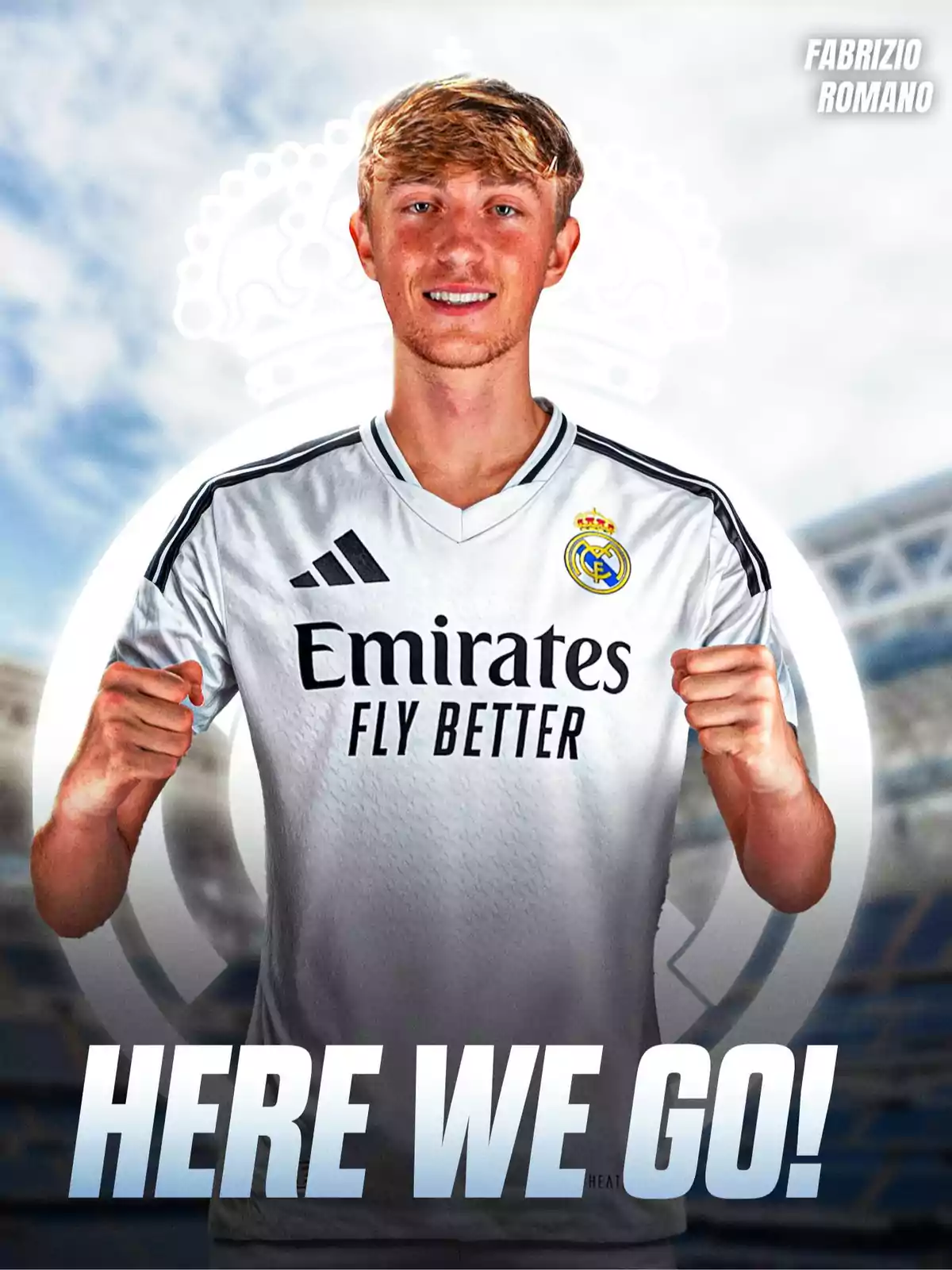 A player wearing a Real Madrid jersey, smiling and raising his fists, with the text A player wearing a Real Madrid jersey, smiling and raising his fists, with the text