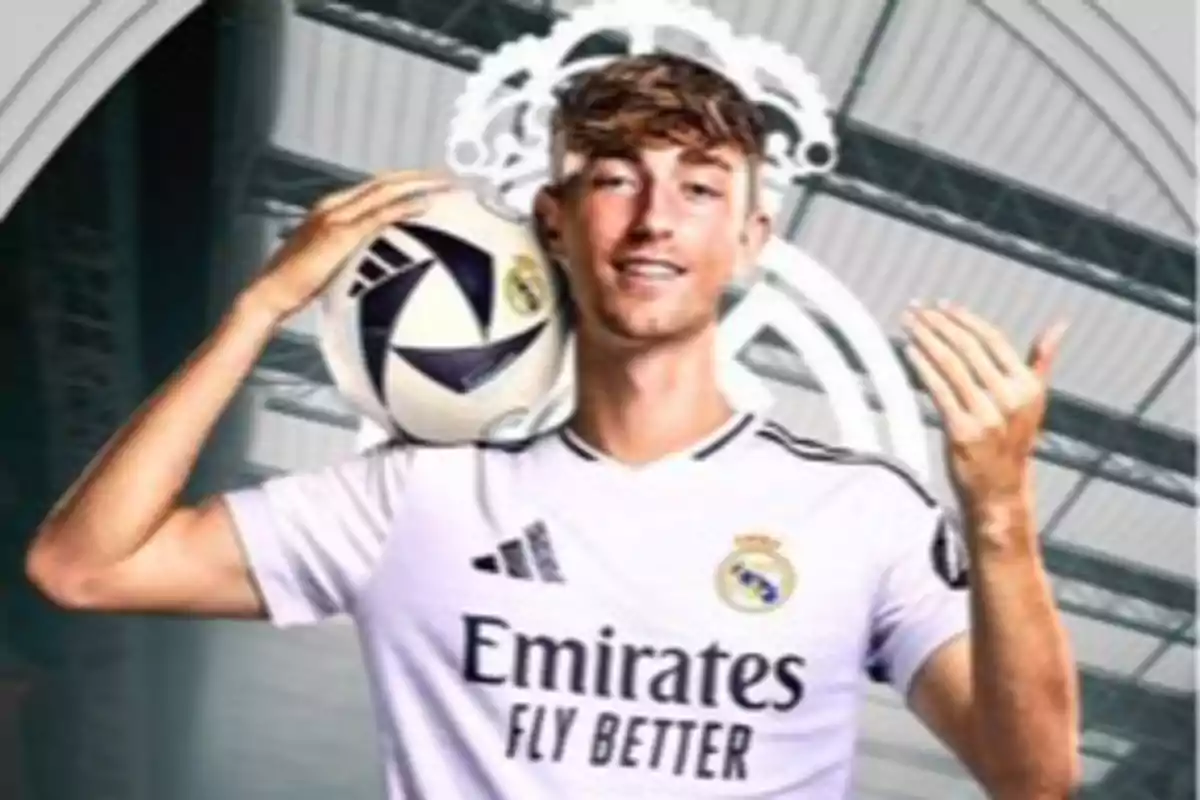 A player wearing a Real Madrid jersey holds a ball next to his head in a stadium.