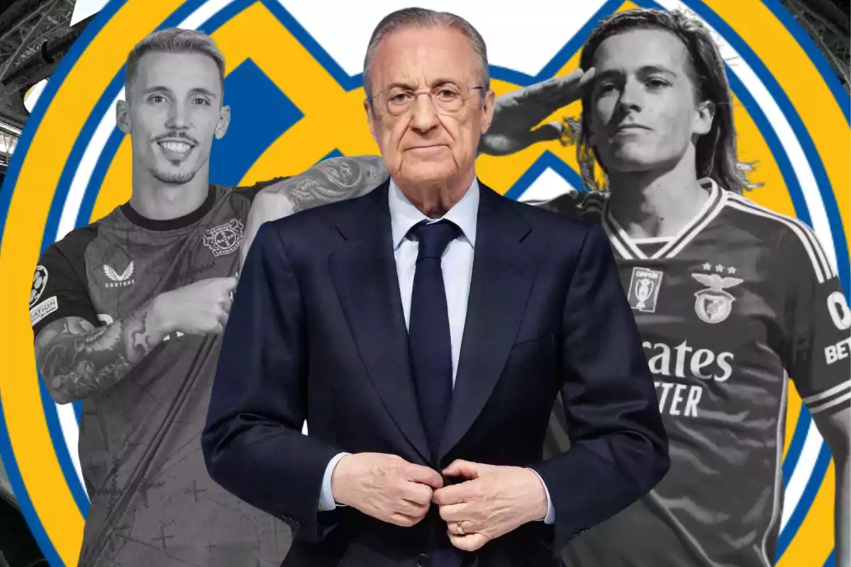 Un hombre de traje al frente con dos futbolistas al fondo y el escudo del Real Madrid detrás