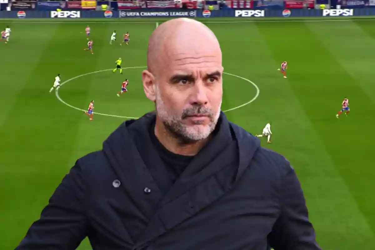 A bald man with a beard is in the foreground, wearing a dark jacket, while in the background a soccer match is taking place in a stadium with players in action.