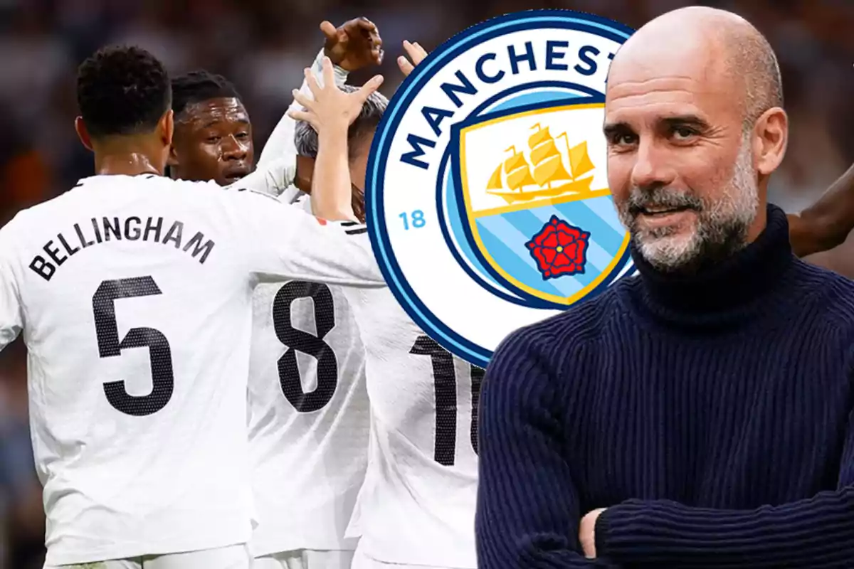 A group of players celebrating next to a Manchester City crest and a bald man with a smiling beard.