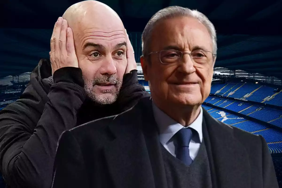 Two men in the foreground with an empty soccer stadium in the background; one of them looks surprised while the other smiles slightly.