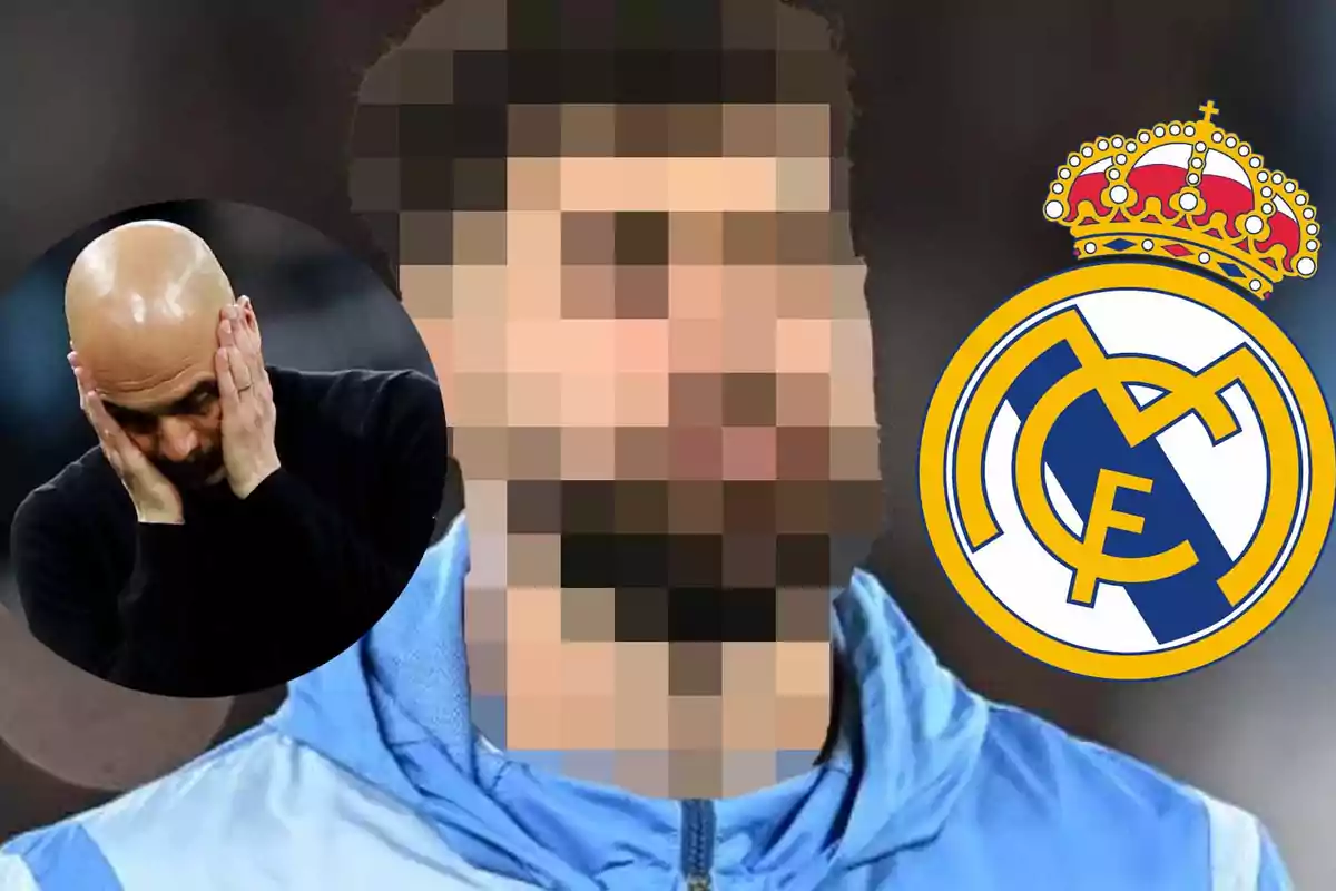 Un hombre con el rostro pixelado junto al escudo del Real Madrid y una persona con las manos en la cara.