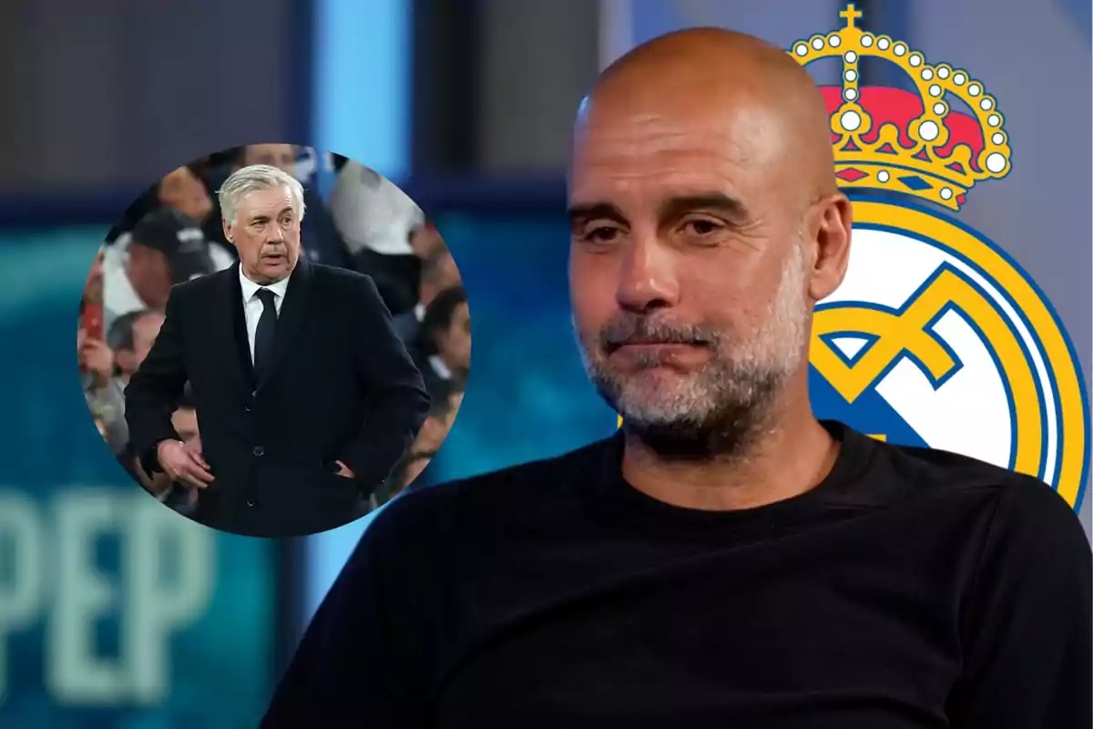 Bald coach with a beard looking forward with the Real Madrid crest in the background and a circular frame showing another coach with gray hair in a dark suit.